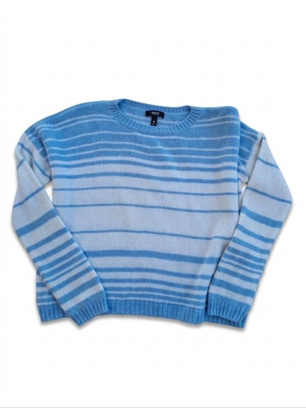 Aqua Cashmere Blue White Striped Preppy Crewneck Knit Sweater Size M
